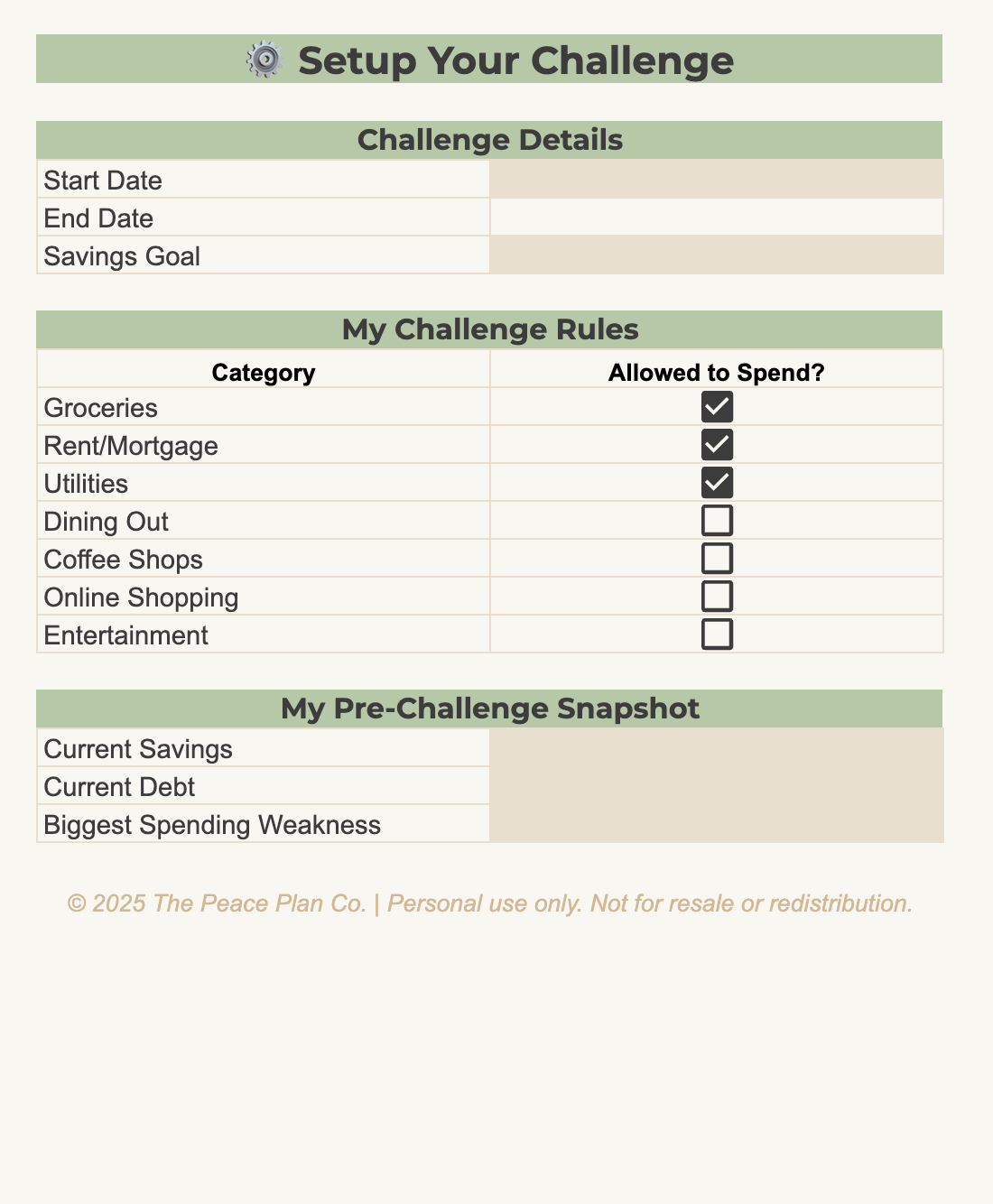 The No-Spend Challenge Planner